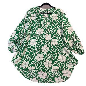 Cato Green White Floral Hawaiian Spilt Neck Roll Tab Tunic Top Womens Size 22/24